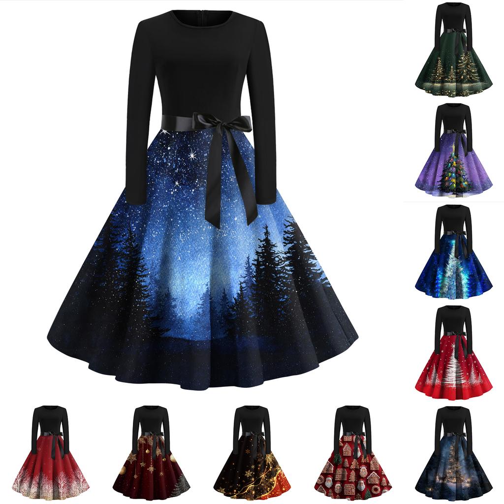 Women's Fashion Casual Round Neck Christmas Print Long Sleeve Dress
