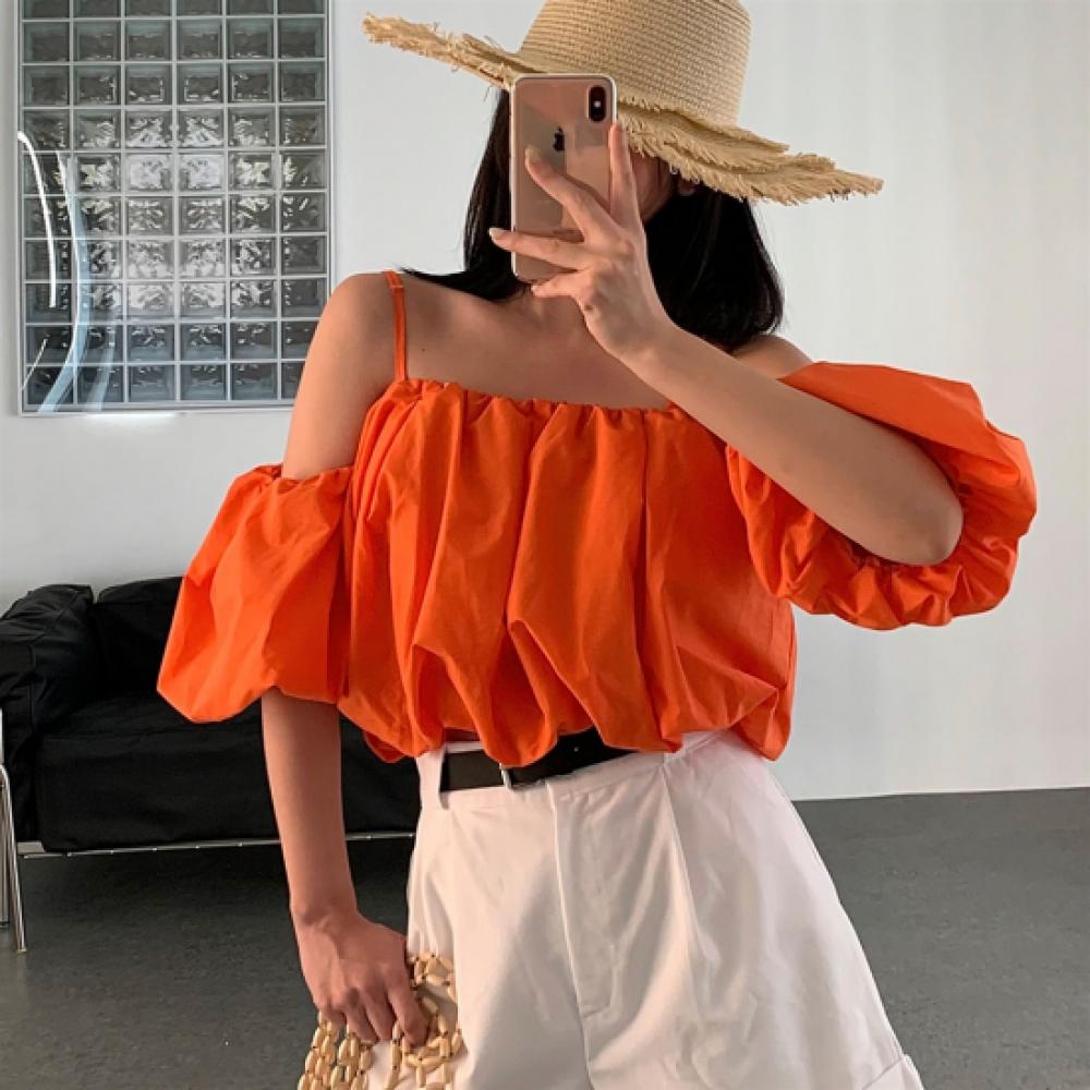 New Arrivals Open Run Women Off Shoulder Shirring Puff Balloon Crop Blouse