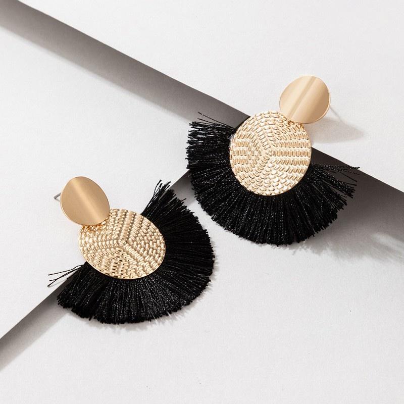 1 Pair Fashion Bohemian Style Fan-shaped Tassel Dangle Earrings For Women Girls Statement Drop Earrings Zircon Accessories