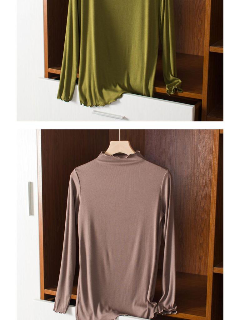 Women's Korean Style Modal Long Sleeve Base Layer T-shirt, Half-High Neck, Plus Size, Thin, Solid Color, Autumn Top