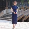 Mavi Çin Cumhuriyeti tarzı uzun geliştirilmiş cheongsam 1011 yeni genç kadınlar için yeni Çin tarzı retro kısa kollu günlük yazlık