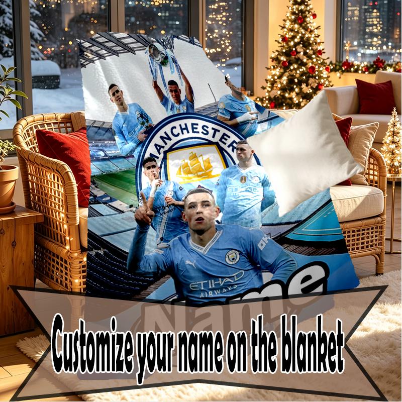 Custom Name Personalized Manchester City FC Print Blankets, Home Decor, Bedroom, Sofa, Camping, Couch, Gifts for Birthday Christmas
