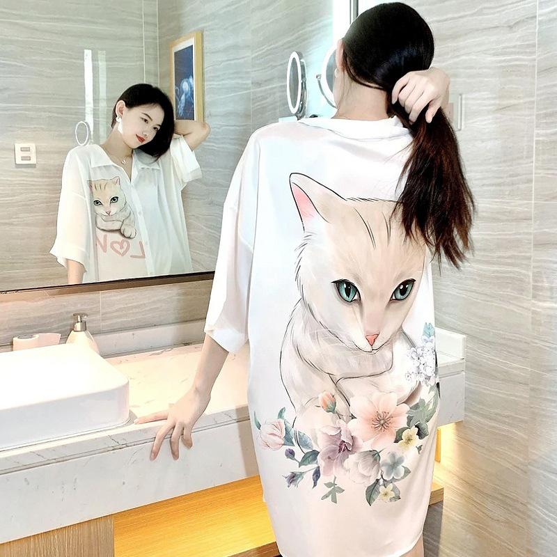 

Chiffon nightdress women s summer new sexy thin large size fox printed shirt pajamas outside home m [recommended 40-50kg ]