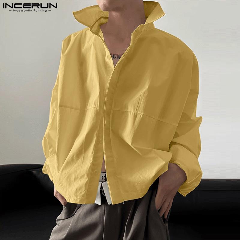 INCERUN Men Lapel Neck Long Sleeve Irregular Loose Short Cargo Shirts