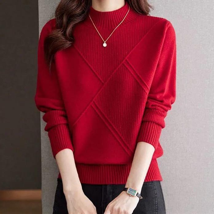 Damski Jednolity Sweter Kaszmirowy z Półwysokim Kołnierzem Jesień Zima Luźny Plus Size Dzianinowy Wełniany Sweter Casual Bluzka Bazowa