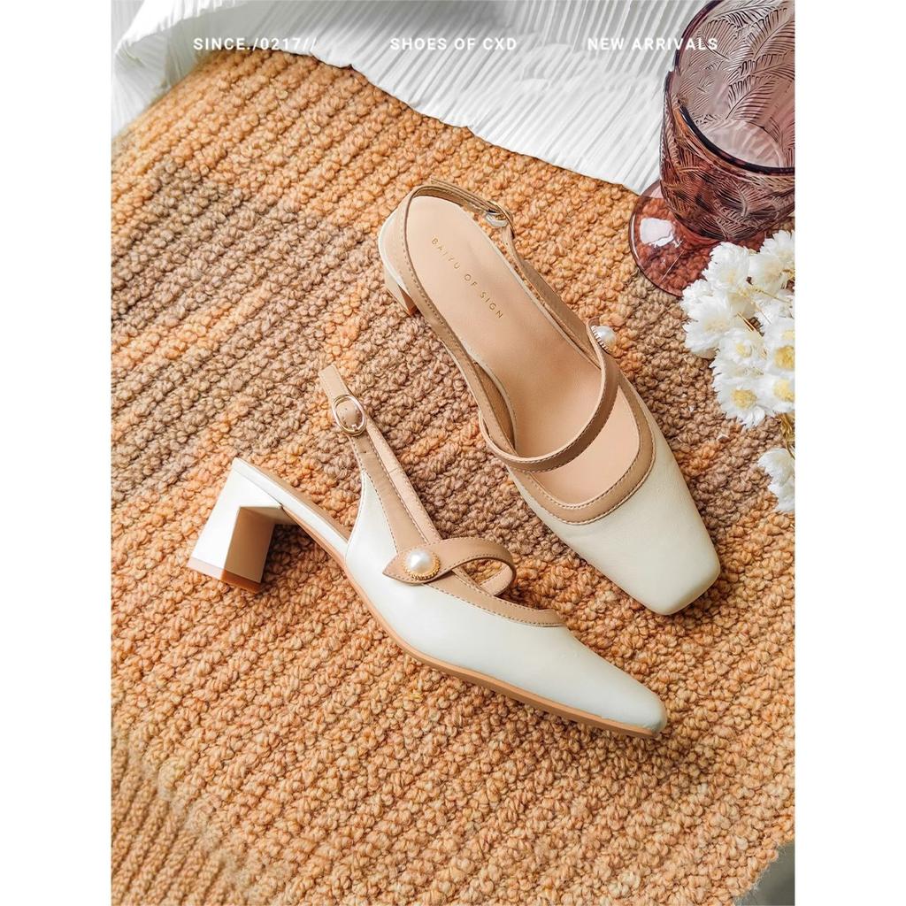 French Evening High Heels Small Heel White Cheongsam Single Shoes Thick Heel Bag Head Sandals Female Mary Jane Bridesmaid Shoes Summer