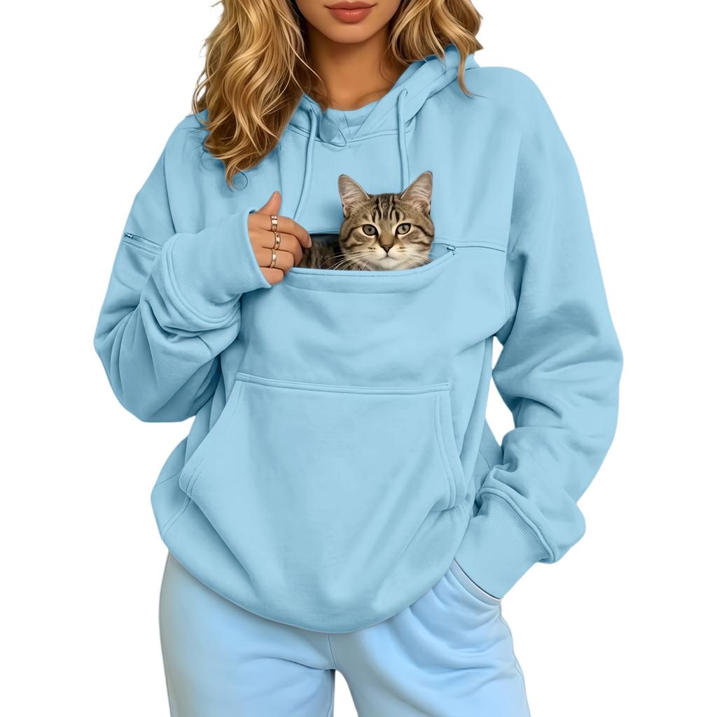 Top da gatto nuovo con cappuccio ampio manica lunga con cerniera tasca pile termico