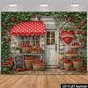 2D Retro Wooden House Strawberry Shop Background Fabric Equipped with Old Wooden Doors and Red Polka Dot Sunshade