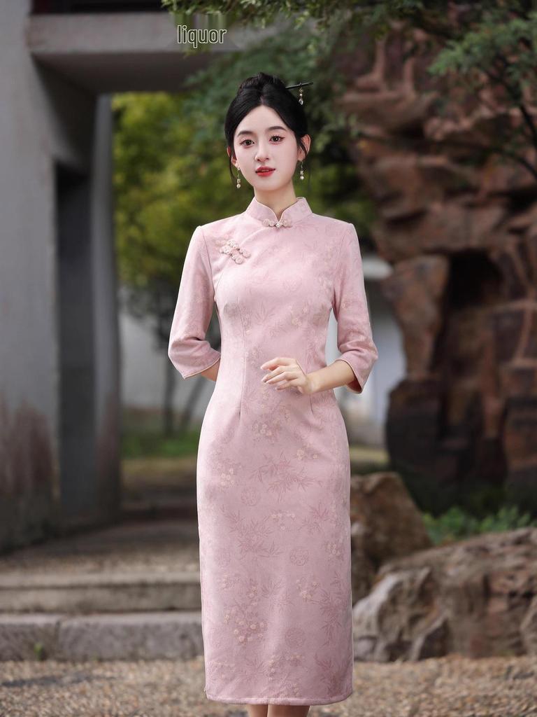 Suede Cheongsam: New 2025 Autumn Long-Sleeve Dress, National Style for Young Girls