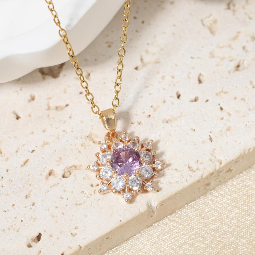 Purple Zirconia Sunburst Pendant Necklace, Golden Tone Sparkly Jewelry for Women