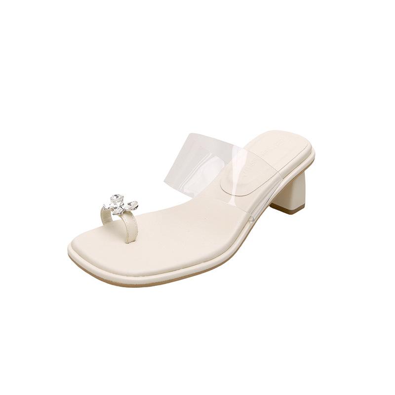 

Sheepskin~ Su Yinyin s same summer butterfly rhinestone temperament square head height increase transparent belt high heel cool slippers women s summe 34