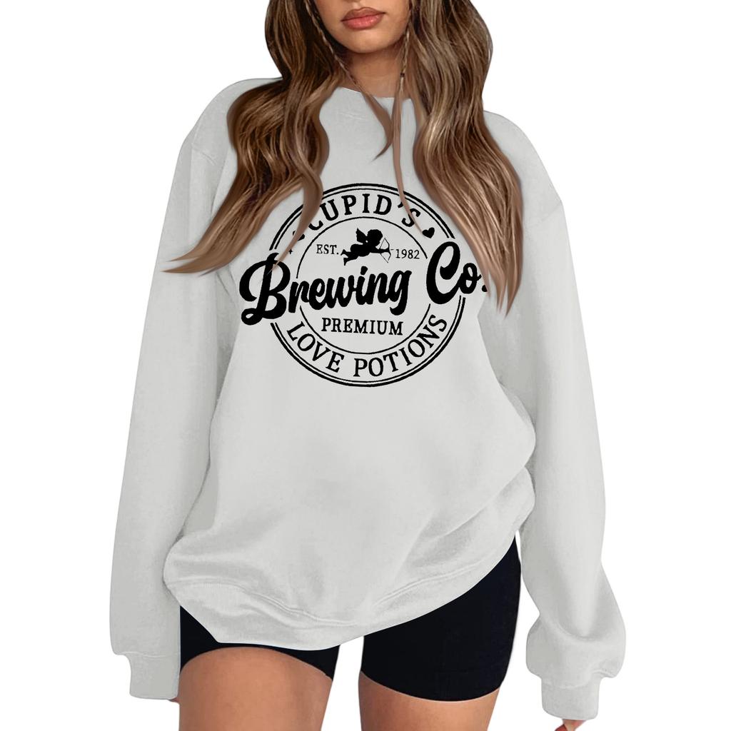 Women's Fashion Round Neck Long Sleeve Solid Color Valentine's Day Letter Top Sweatshirt