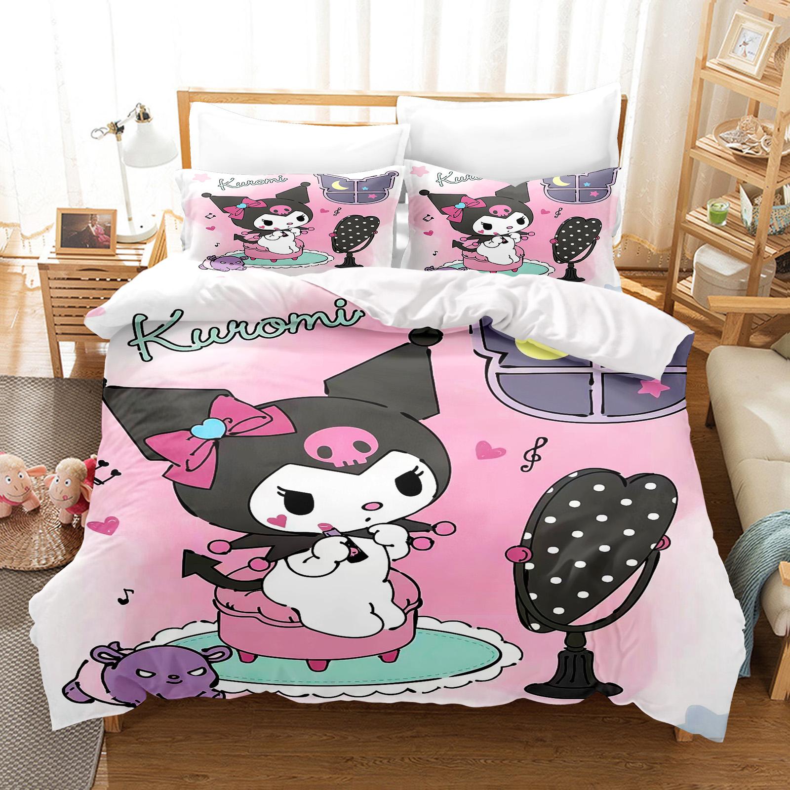 

Kuromi Duvet Cover Set Bedding Comforter Sets King Size 3D Children S Bedding Set Cute Printed Cartoon Quilt Cover EU Single(135*200cm)3pcs