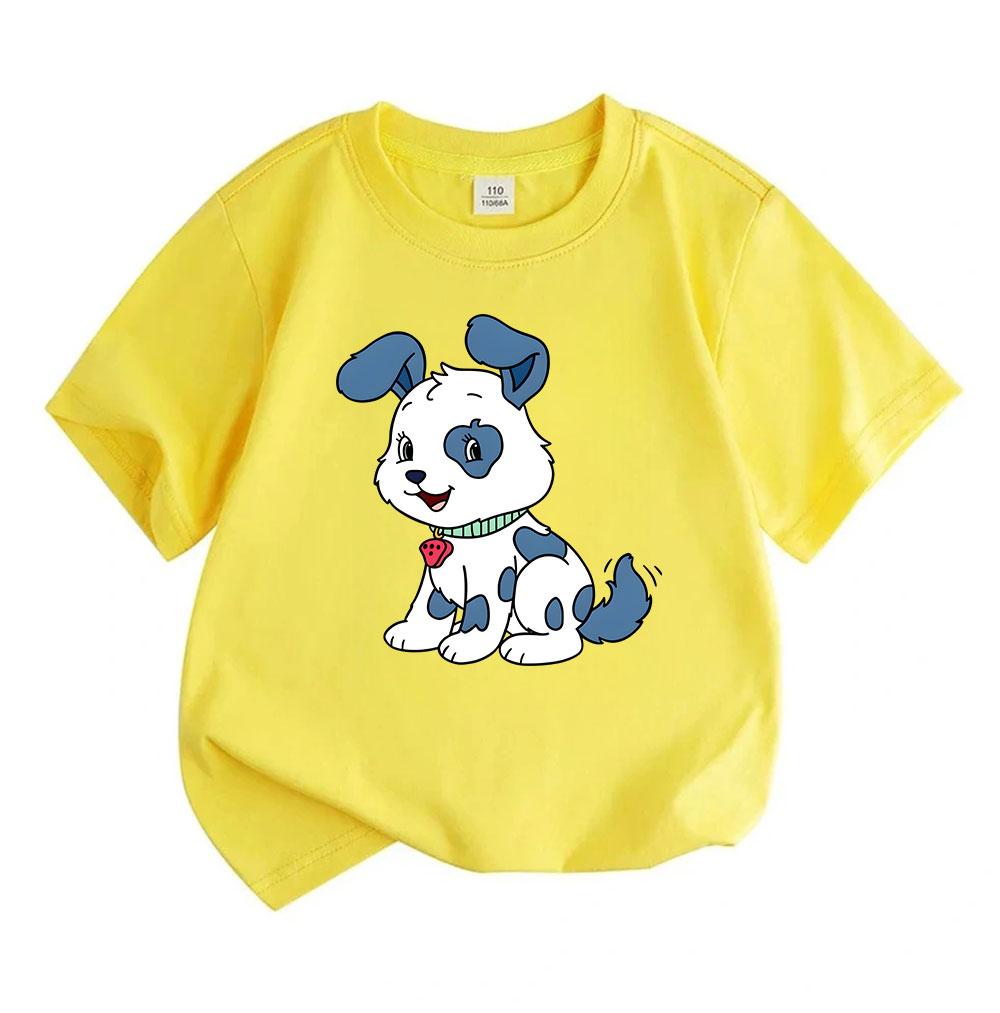Kids Boys Girls Crew Neck Short Sleeve 100% Cotton T-Shirt, Cute Happy Blue Spotted Cartoon Puppy Print Casual Soft Comfortable Tee for Daily Wear Hol