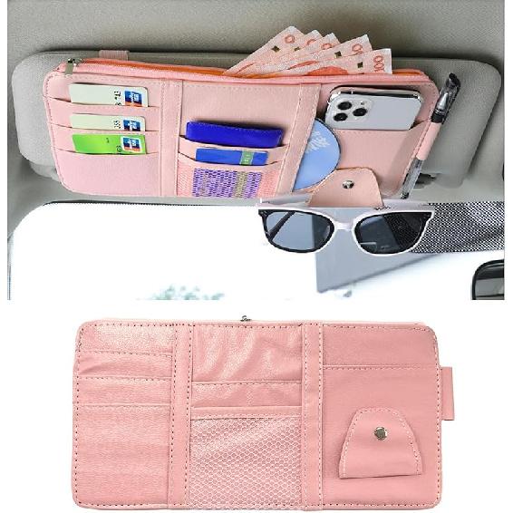 Augeny Car Sun Visor Organizer, Leather Multi-Pocket Auto Visor Storage Pocket Pouch Holder with Zipper, Vehicle Interior Accessories for Car Truck
