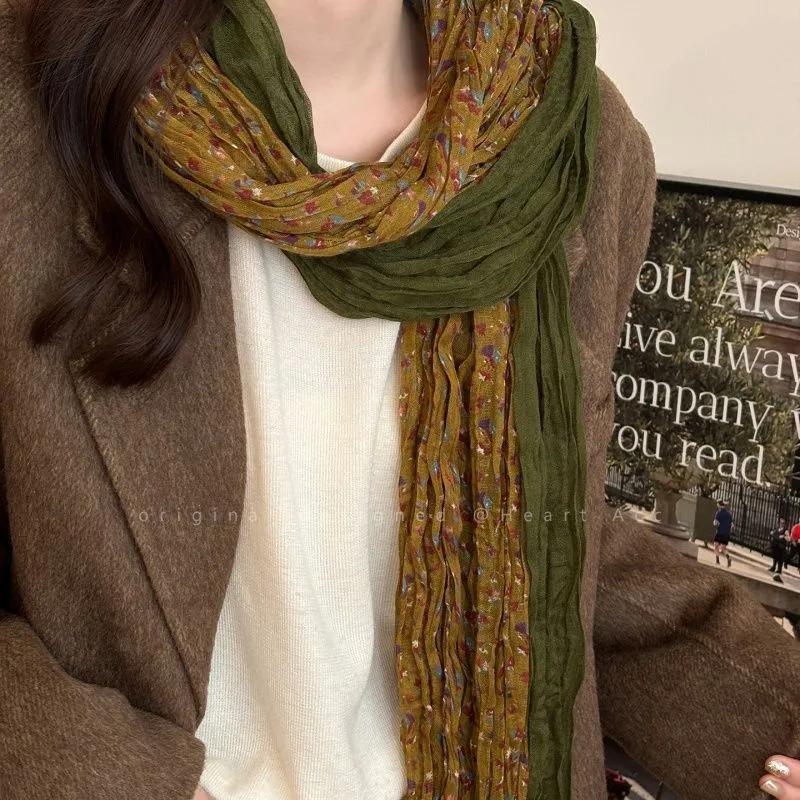 WTEMPO Spring Summer Artistic Retro Contrasting Floral Long Scarf for Women 2026 New Winter Outfit Coat Fashionable and Sophisticated Scarf