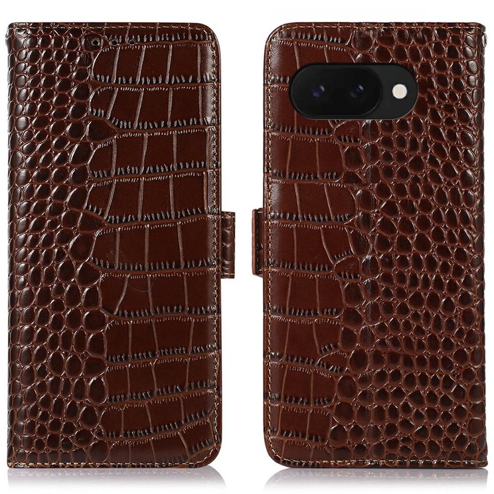 

For Google Pixel 9a Case Crocodile Texture Genuine Cow Leather Phone Wallet Cover B