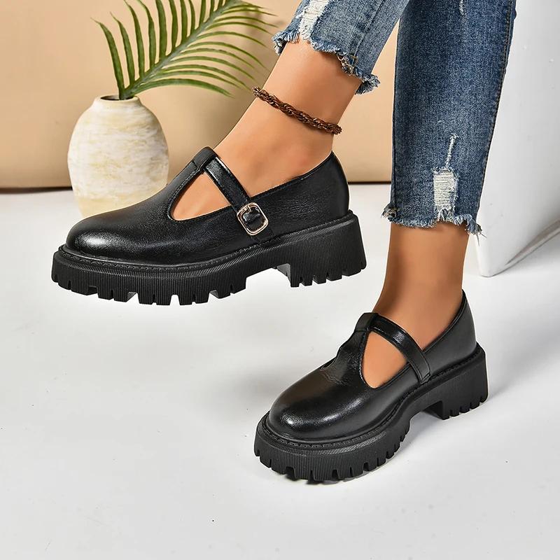 2025 Round Toe Platform Mary Jane Shoes Women British Style Thick Bottom Pu Leather Shoes Woman Comfort T Strap Loafers Size 42