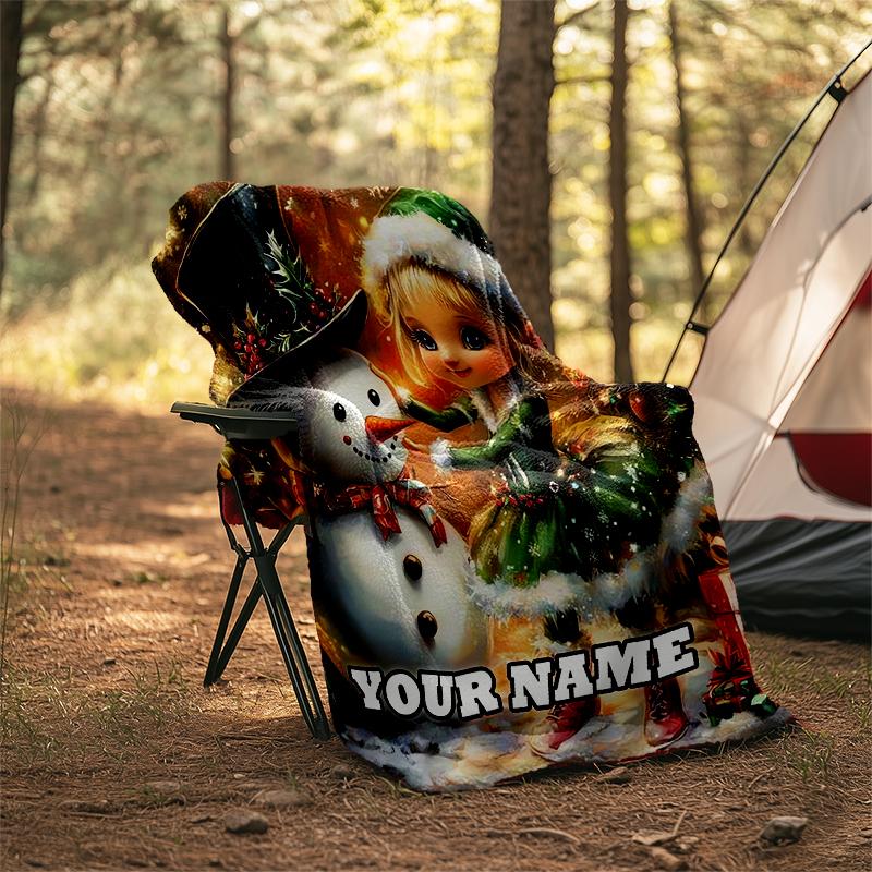 1PC Custom Name Christmas Elf Snowman Outdooor Flannel Blankets Throw Blanket All-Season Throw Gift Bedspread for Couch, Bed, Camping Holiday Birthda