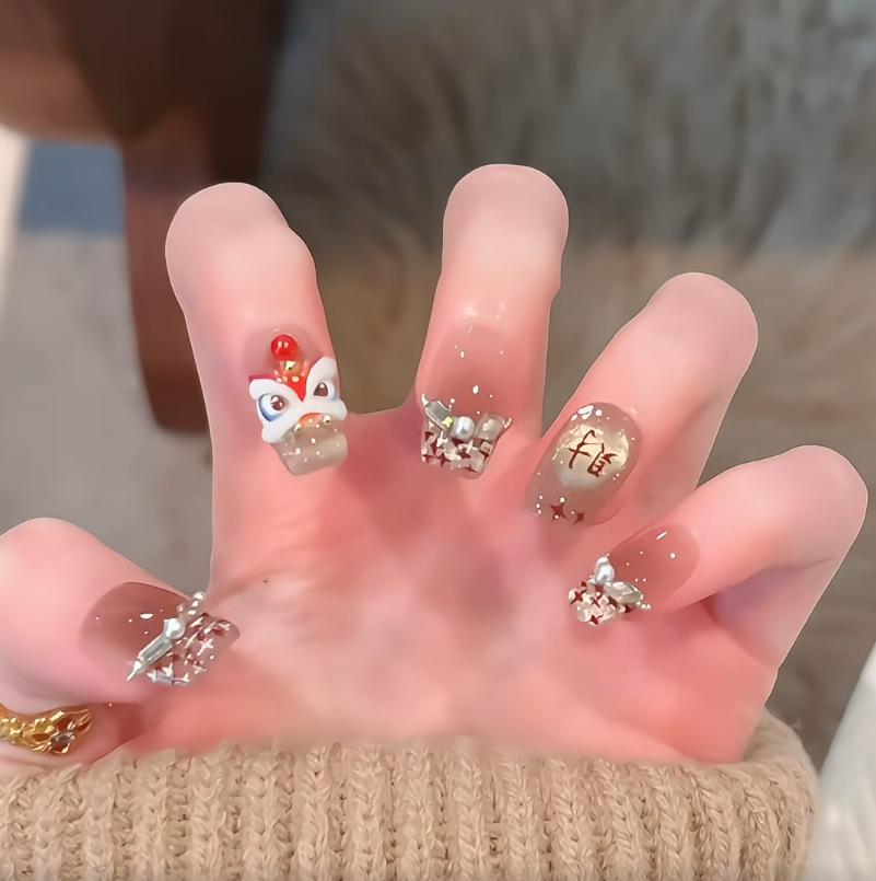 2026 New Year Lion Armor Nail Art: Handmade Cat Eye Whitening Stickers for Autumn/Winter Medium M
