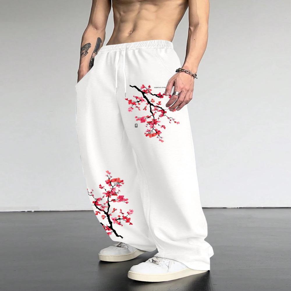 

Men s Polyester Casual Straight Leg Pants with Plum Blossom Print. Designed with Drawstring Waistband for Comfortable and Loose Fit XXL