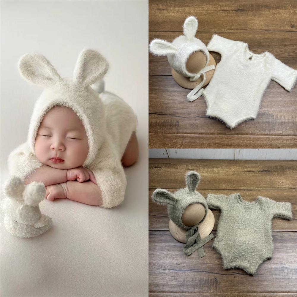 Soft Knitted Newborn Photography Props Adorable Rabbit Doll Prop Knitted Baby Outfit for Newborn