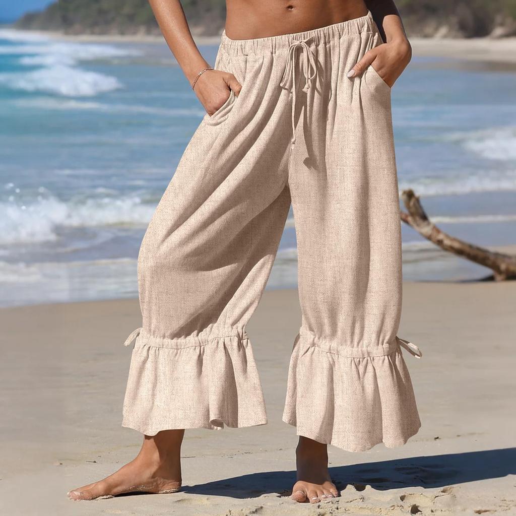 Damen Leinen Weite Cropped Hose mit gefaltetem Saum Kordelzug Taille Lockerer Sitz Lässige Hose für den Alltag