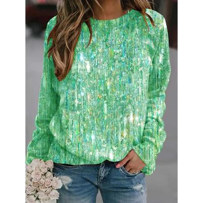 Moletom feminino de manga comprida com lantejoulas, casual, gola redonda, brilhante, para festa, pulôver, camiseta casual feminina de manga comprida