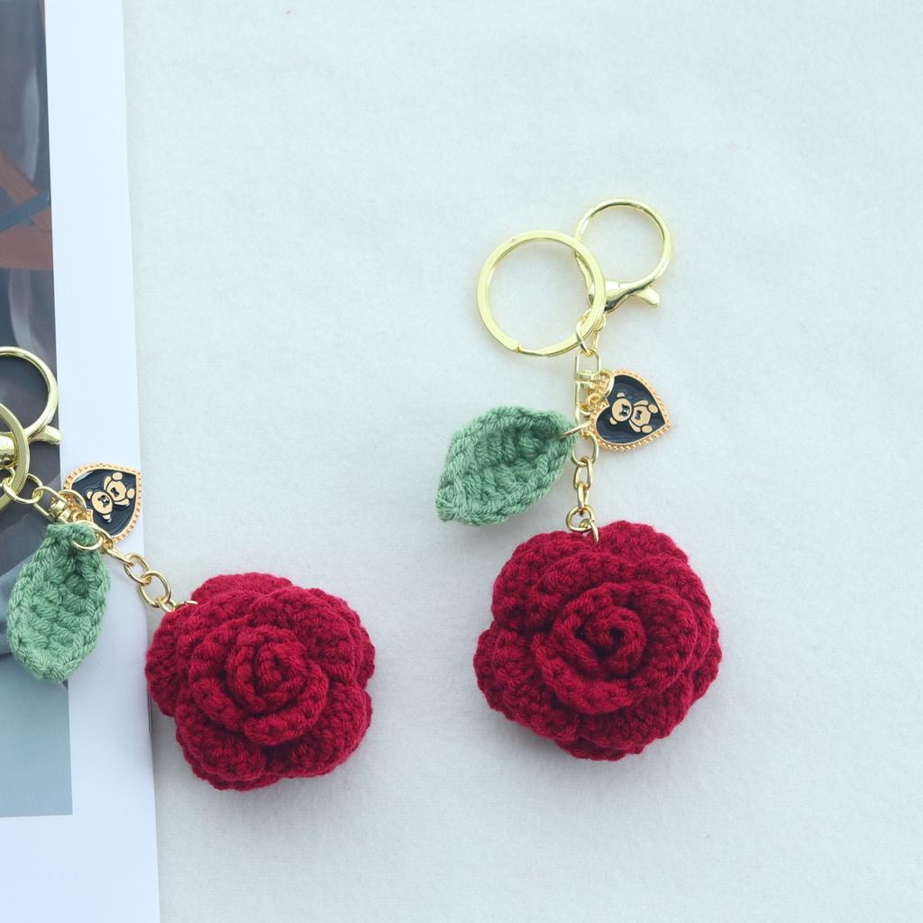 Exquisite Handcrafted Crochet Keychain With Heart-Shaped Bear Charm Unique Fabric Floral Keyring Car Key Decoration Perfect Gift Anniversary