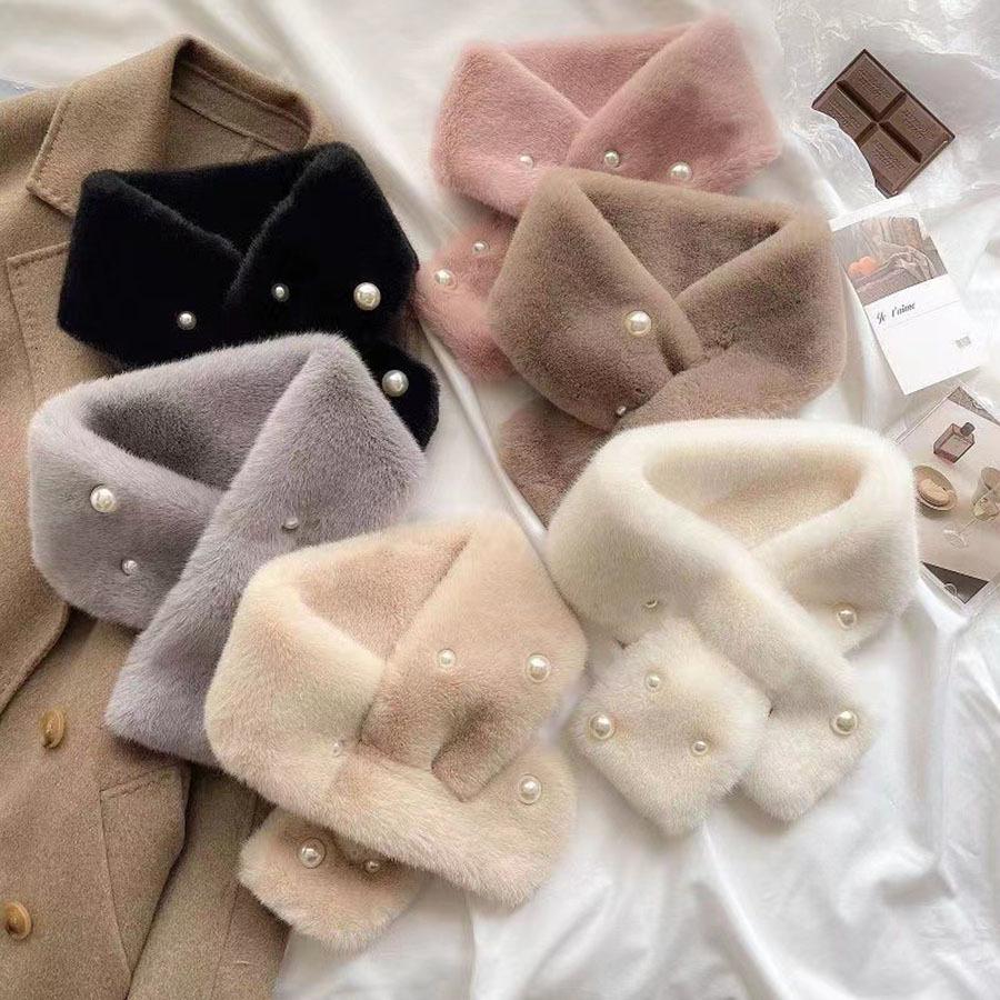 Women's Korean Style Imitation Rex Rabbit Fur Scarf - Versatile Autumn & Winter Thick Warm Pearl Cross Neck Warmer.