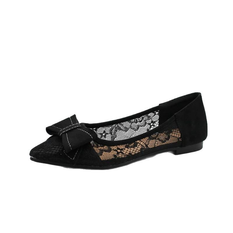 Flat Bow Single Shoes Women's Versatile Work Doudou Shoes Black Pointed Large Size Women's Shoes One Pedal Ladyshoes