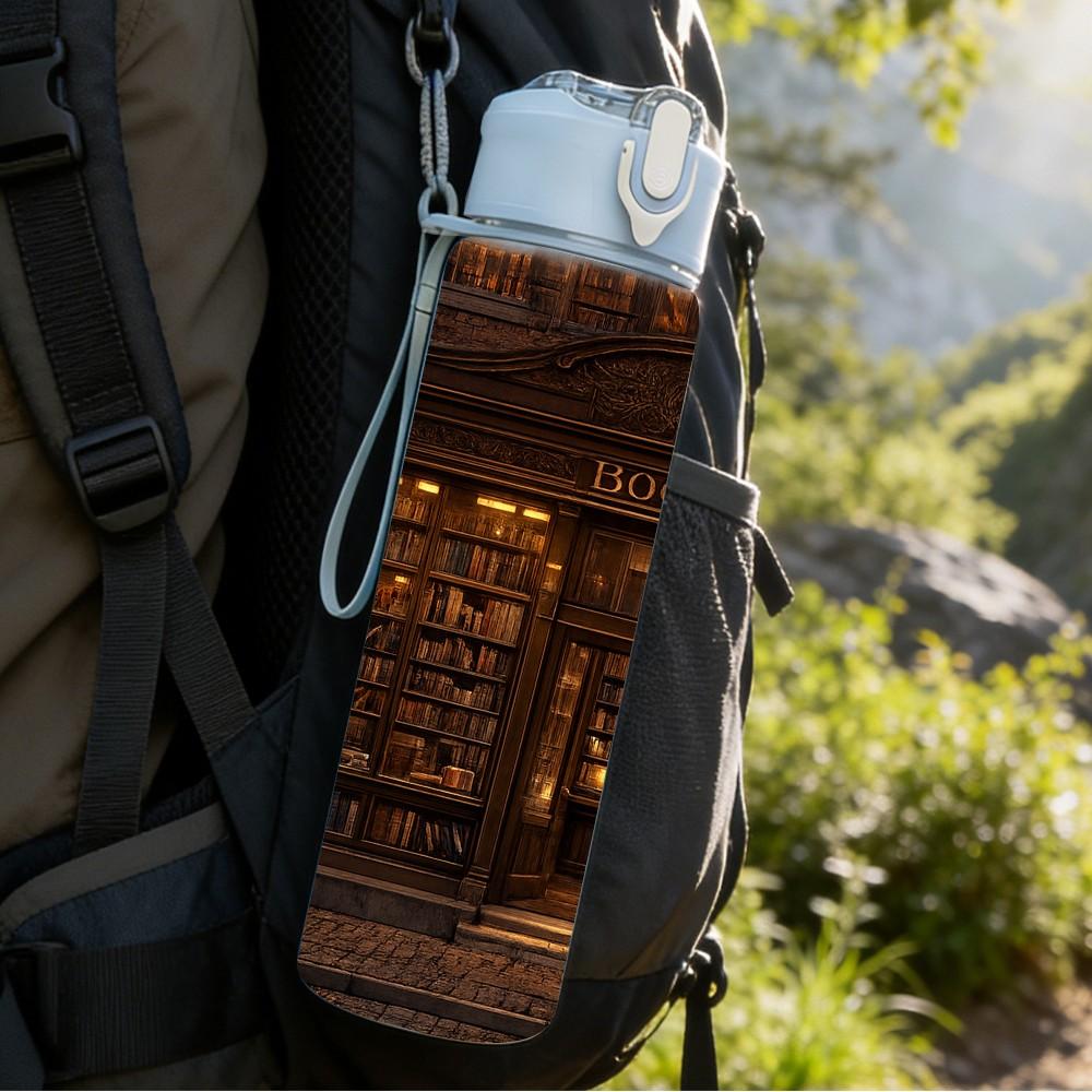 1PC Old Dark Library Bookshelf Print 750ml Color Plastic Sports Water Bottle Leakproof Flip Straw Lid Suitable for Sports Office Home Use
