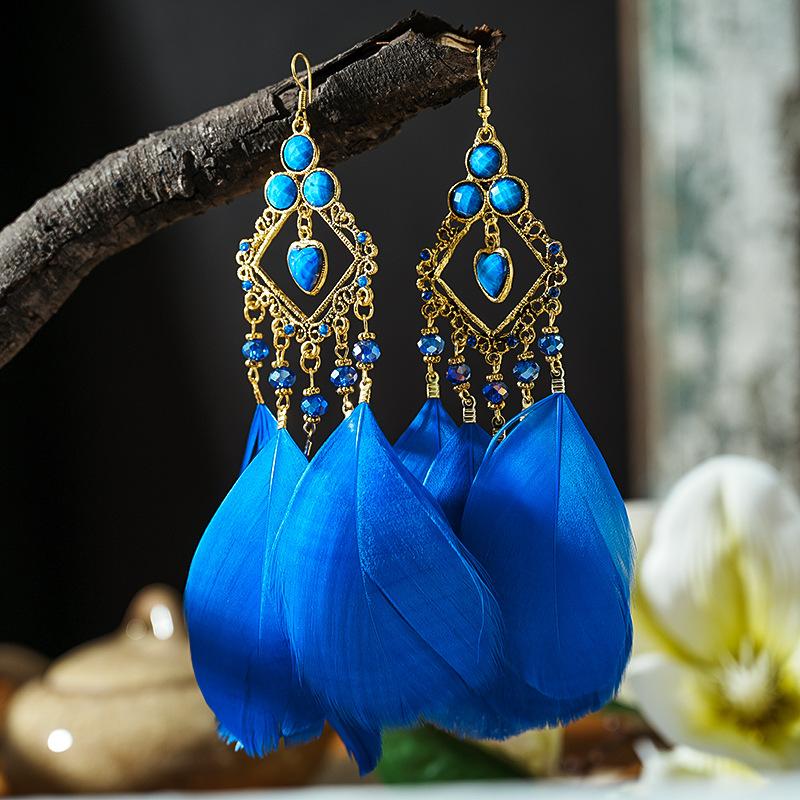 Ethnic Bohemian Big Feather Drop Earrings For Women Vintage Statement Big Geometric Beads Crystal Boho Dangle Zircon Earrings