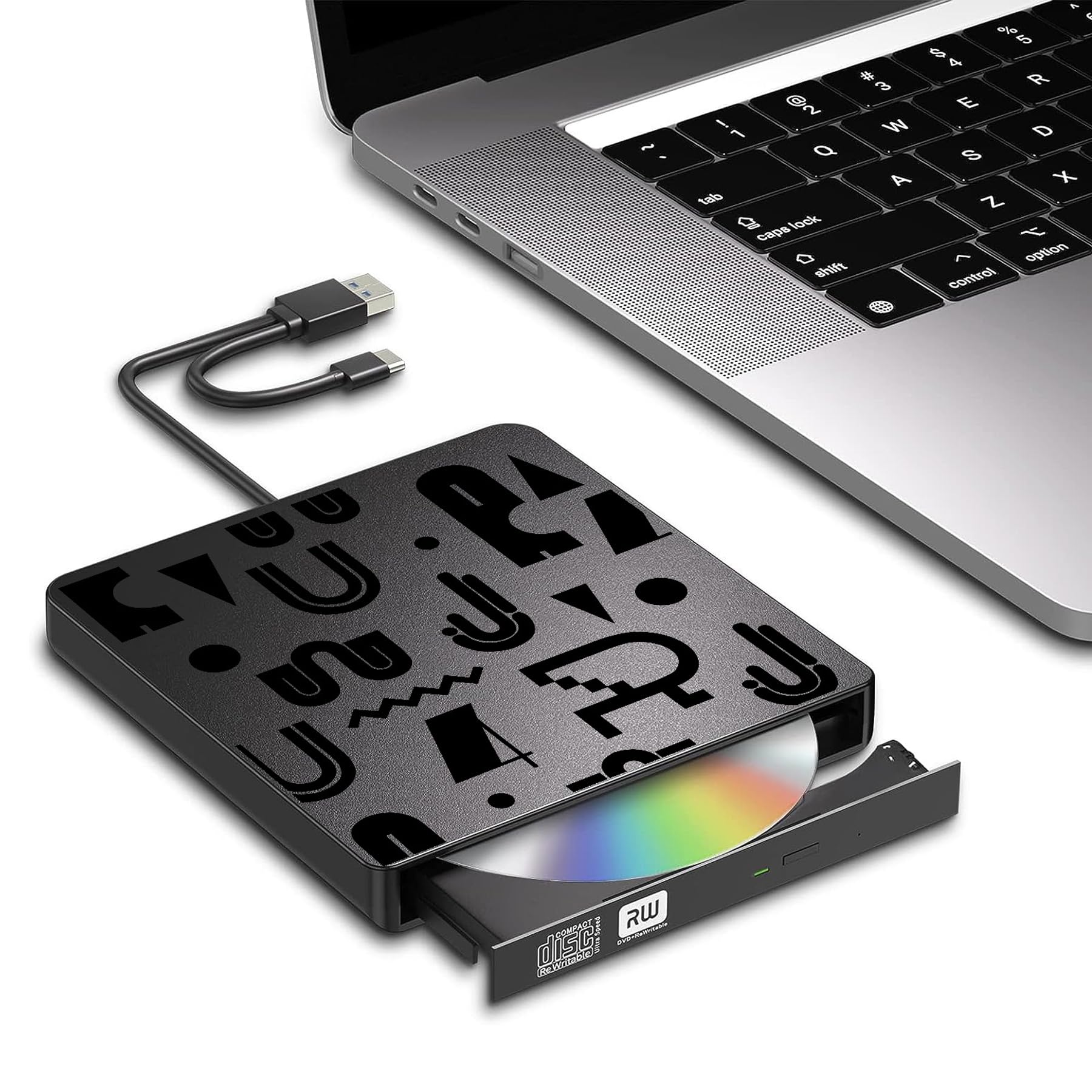 

CD DVD Drive DVD Dual Use Compatible with OS Black External, Recorder, CD/DVD-R Player, USB3.0 & USB-C Cable, Window/Linux/Mac - чорний