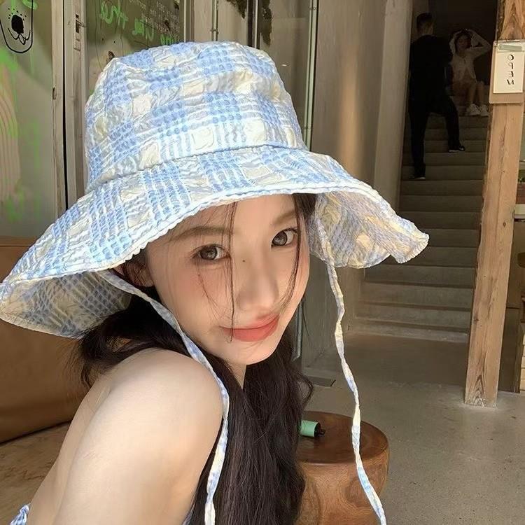 

Sun Hat With Wide Brim And Grid Printing Design For Sun Protection Outdoor Casual Summer синій