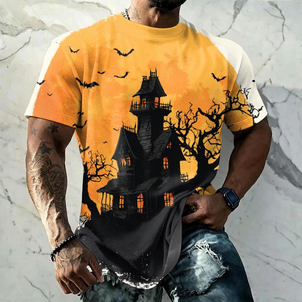 Men's Short Sleeve T-Shirt with Halloween Print Retro Texture Loose Fit Summer Streetwear Casual Top