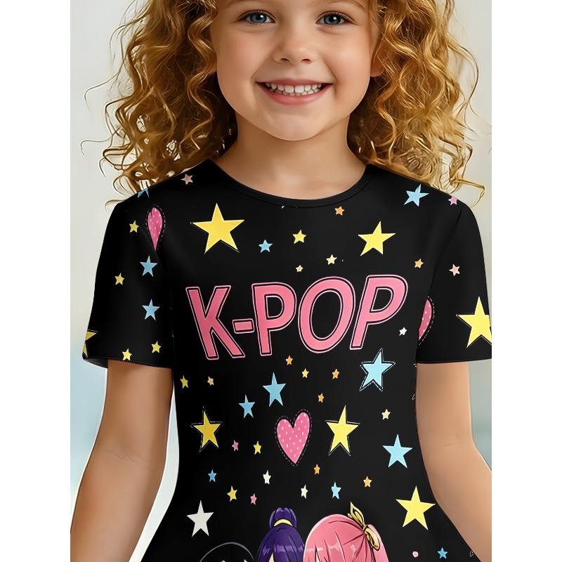 Mädchen K-POP Anime Idol Gruppe Bedrucktes T-Shirt Kleid, Geeignet für Fans und Kinder, Schwarzes Promi- und Herzförmiges Freizeitkleid