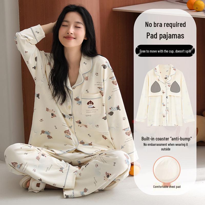 Women's Pure Cotton Pajama Set with Chest Pad, Long Sleeve Cardigan, and Lapel - Spring/Autumn 2025 Style.