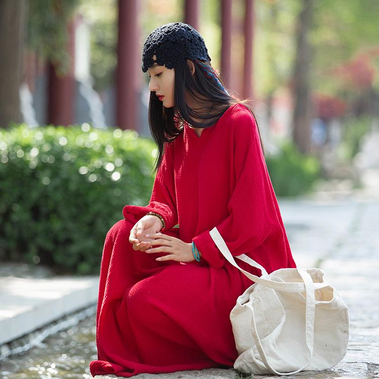 V-Neck Linen Double-Layer Swing Dress - Spring/Summer Retro Style