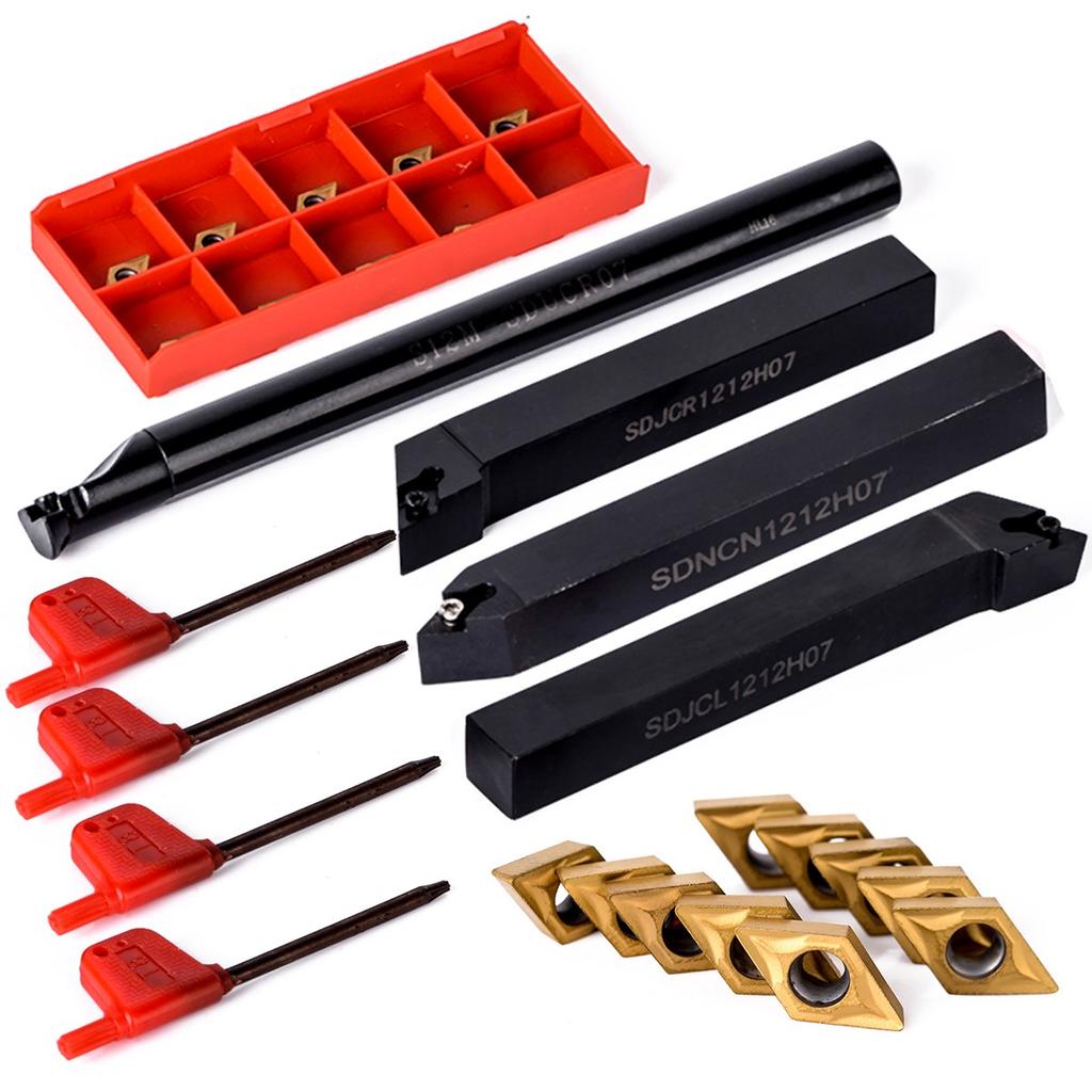 Zmart DCMT070204 10pcs Carbide Inserts 4pcs 12mm Boring Bar Tool Holder 4pcs Wrench for Lathe Turning Tool + +