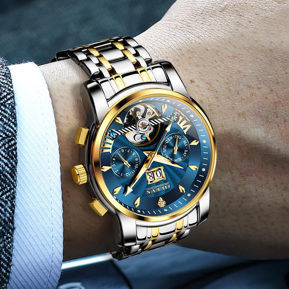 OLEVS Men's Automatic Hand-Winding Mechanical Watch Waterproof Luminous Stainless Steel Business Fashion Gentleman Watch