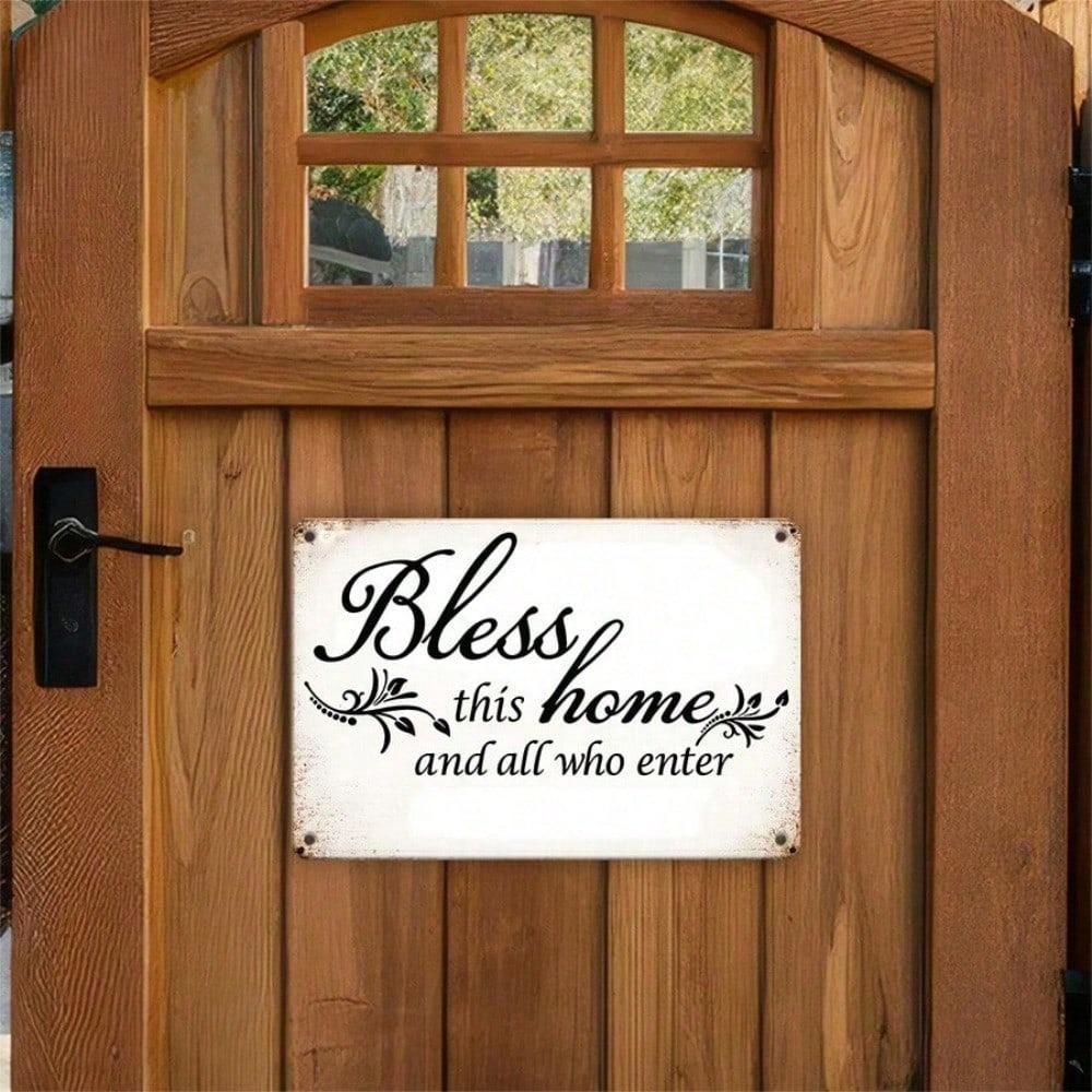 1pc Bless This Home 2D Flat Vintage Metal Tin Sign, Inspirational Quote Wall Art Plaque, Retro Decor for Living Room Kitchen