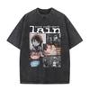Japanese Anime Serial Experiments Lain Vintage Washed T Shirt Manga Iwakura Girl Sci Fi T-shirts Men 100% Cotton Casual T Shirt