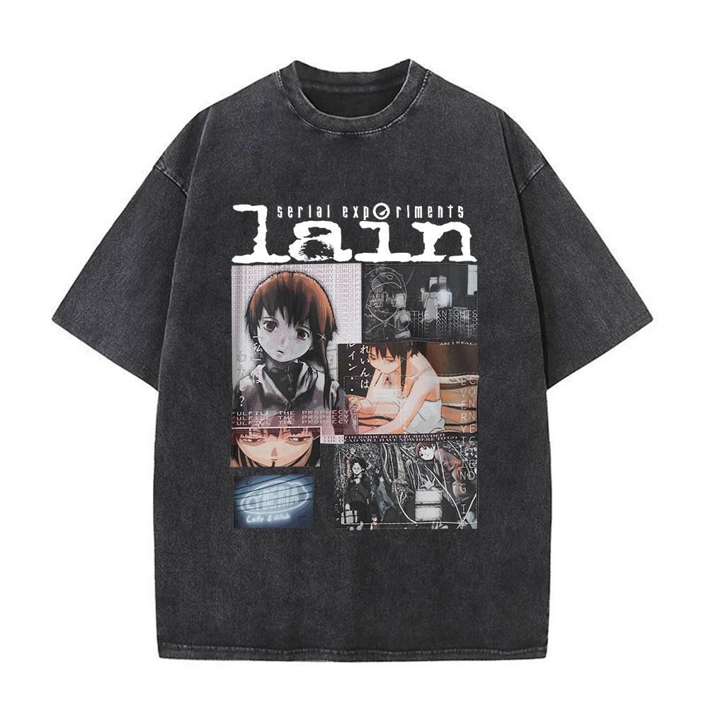 Japanese Anime Serial Experiments Lain Vintage Washed T Shirt Manga Iwakura Girl Sci Fi T-shirts Men 100% Cotton Casual T Shirt