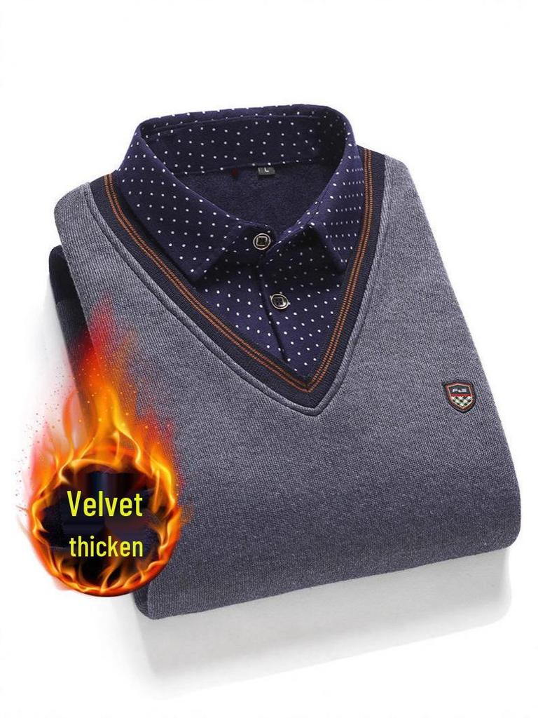 Middle-aged Men's Warm Knitted Sweater - Fake Two-Piece, Plus Velvet, Thick Long Sleeve Winter Outfit for Dad