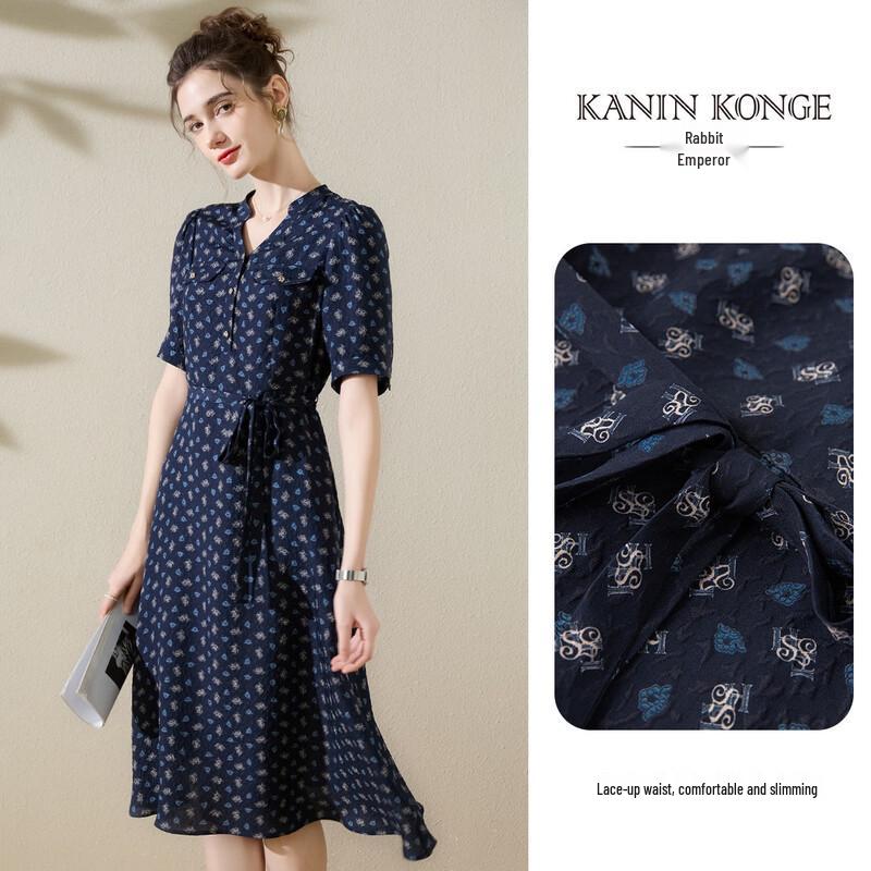 French Retro V-Neck Silk Floral A-Line Dress M