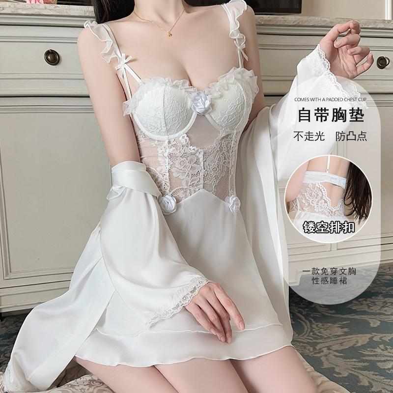 Women's Silky Satin Lace Cutout Deep V Push Up Padded Sleep Dress with Robe Set