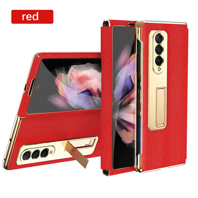 Per Samsung Galaxy Z Fold 5 4 3 2 5G Custodia Lussuosa in Pelle con Cornice Placcata e Cavalletto Pellicola Protettiva per Schermo Frontale