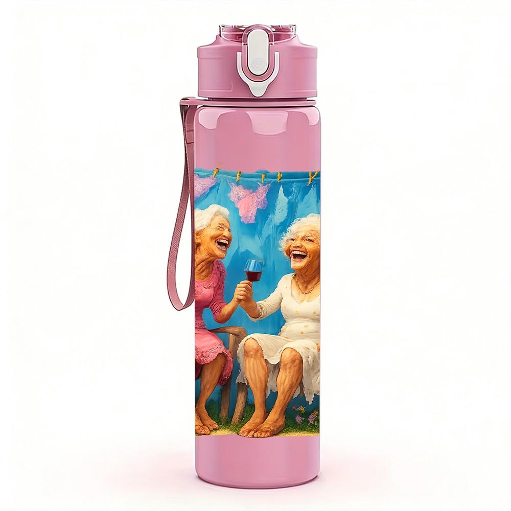 1PC Two Elderly Lady Warm Scene 750ml Color Plastic Sports Water Bottle Leakproof Flip Straw Lid For Sports Office Home Use