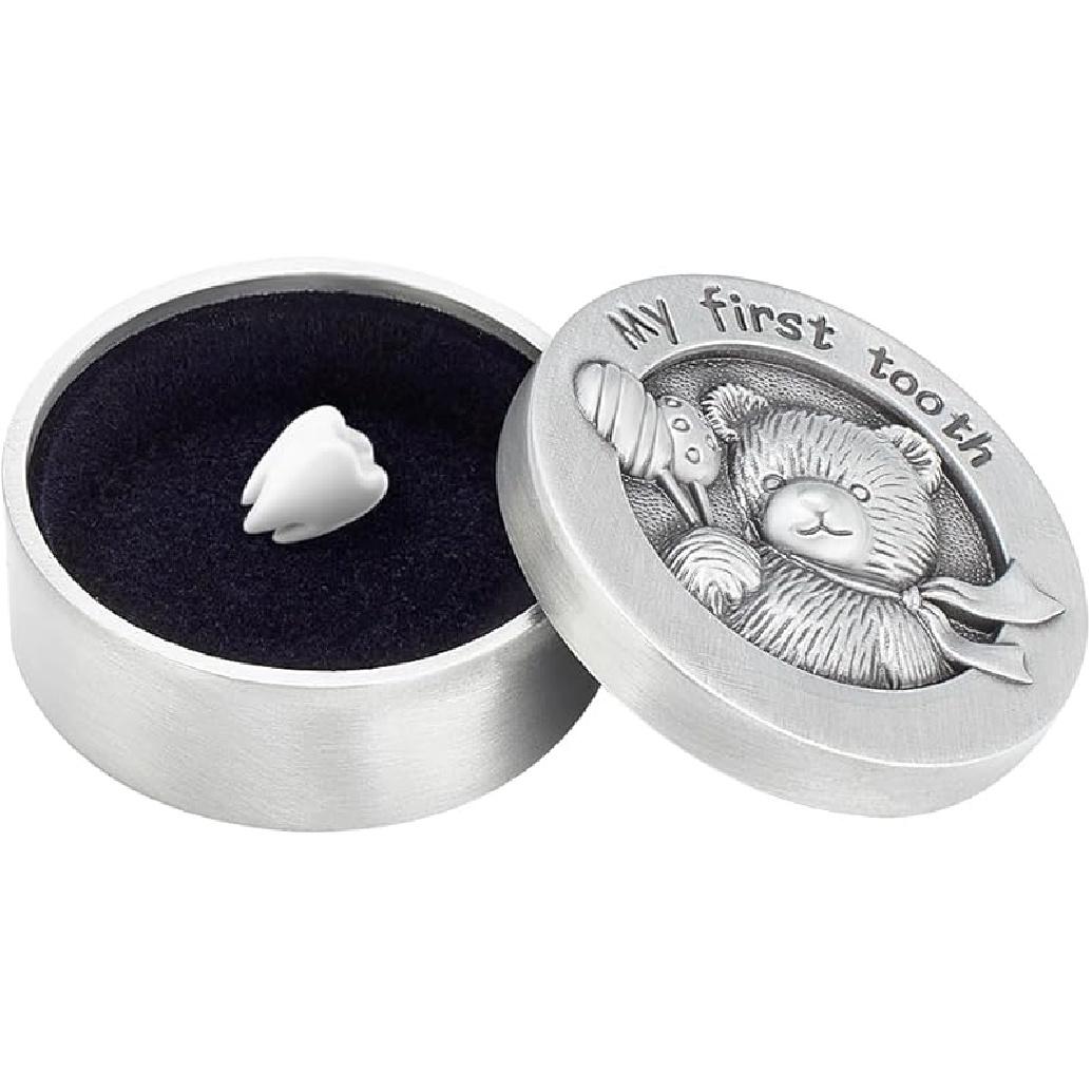 FINGERINSPIRE Моя первая коробочка для хранения молочного зуба Античный серебряный столбик Медведь Подарочная коробочка-хранитель с бархатом внутри Органайзер-держатель для коллекции зубов Мой первый Bear 2